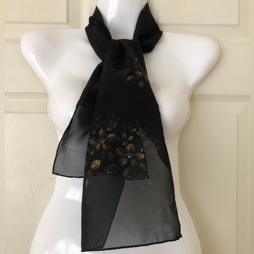 Vintage Sheer Black Hand Painted Desco Polyester Scarf 44” x 10.5” - Picture 3 of 5
